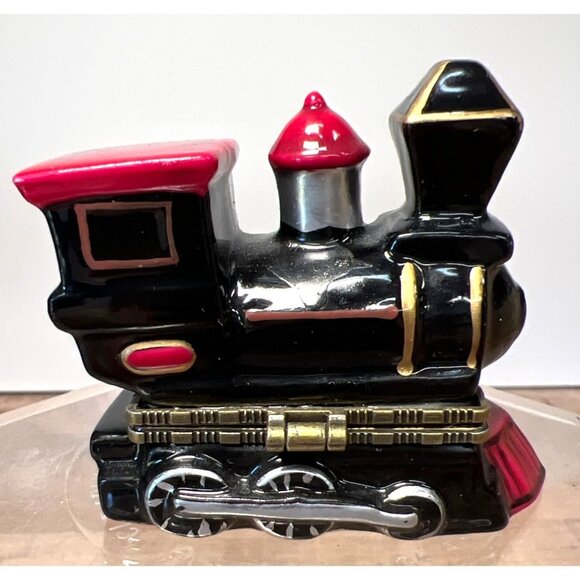 Ceramic Train Engine Trinket Box With Gold Accents & Hinged Lid - Picture 3 of 6